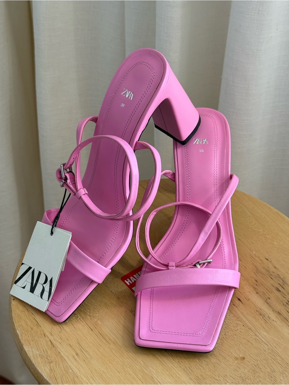 NEW Zara Chunky Leather High Heeled Sandals in Barbie Pink Size US8 / 39